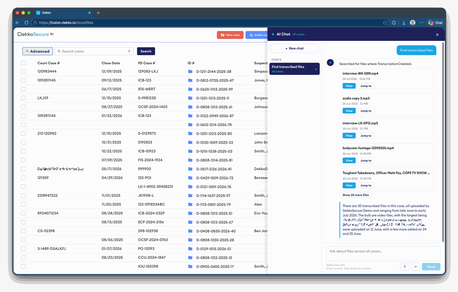 DekkoDEMS Confidential AI Chat finding transcribed files across cases with links to each file
