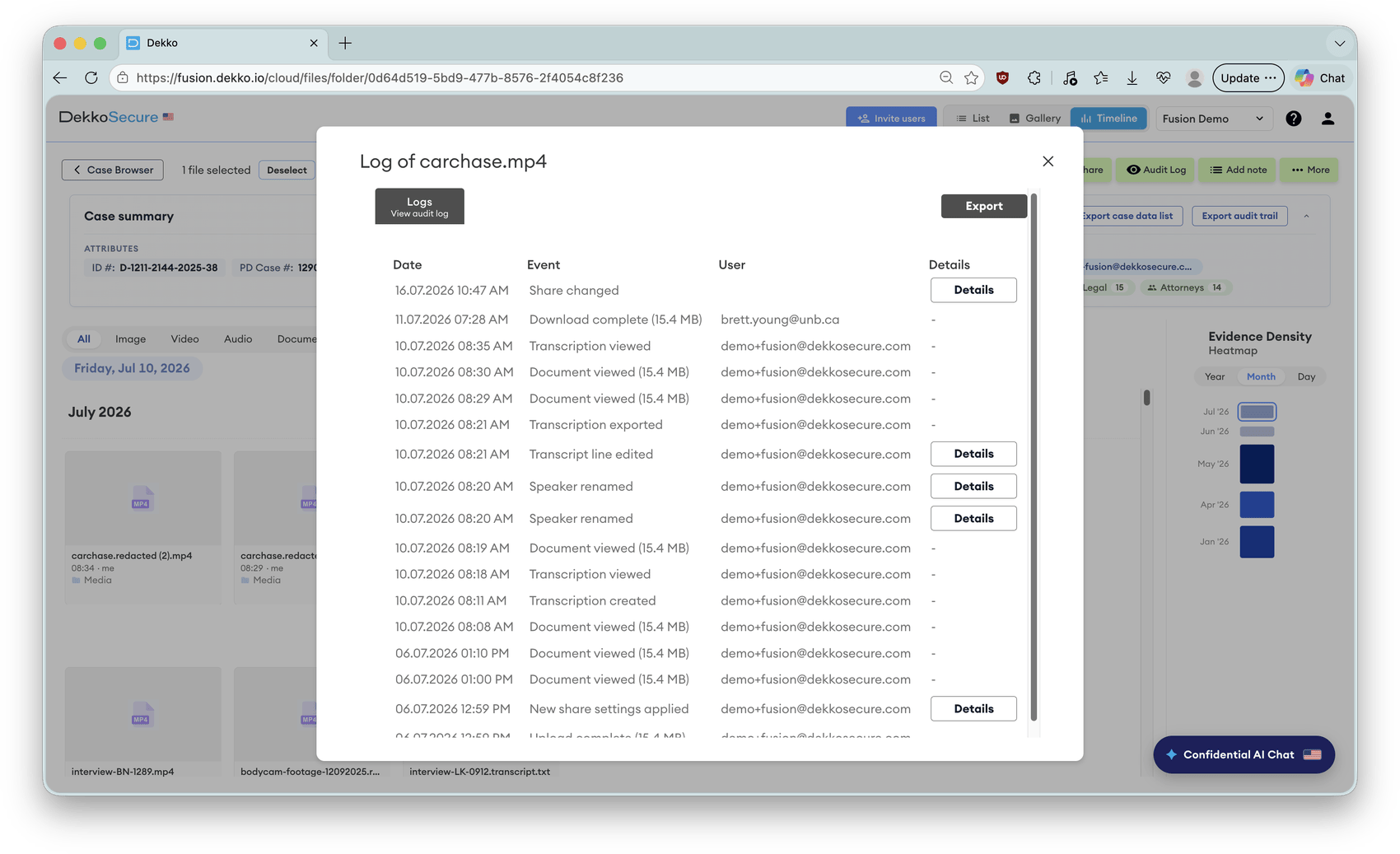 An audit log for a video file listing every action with date, event, user and details