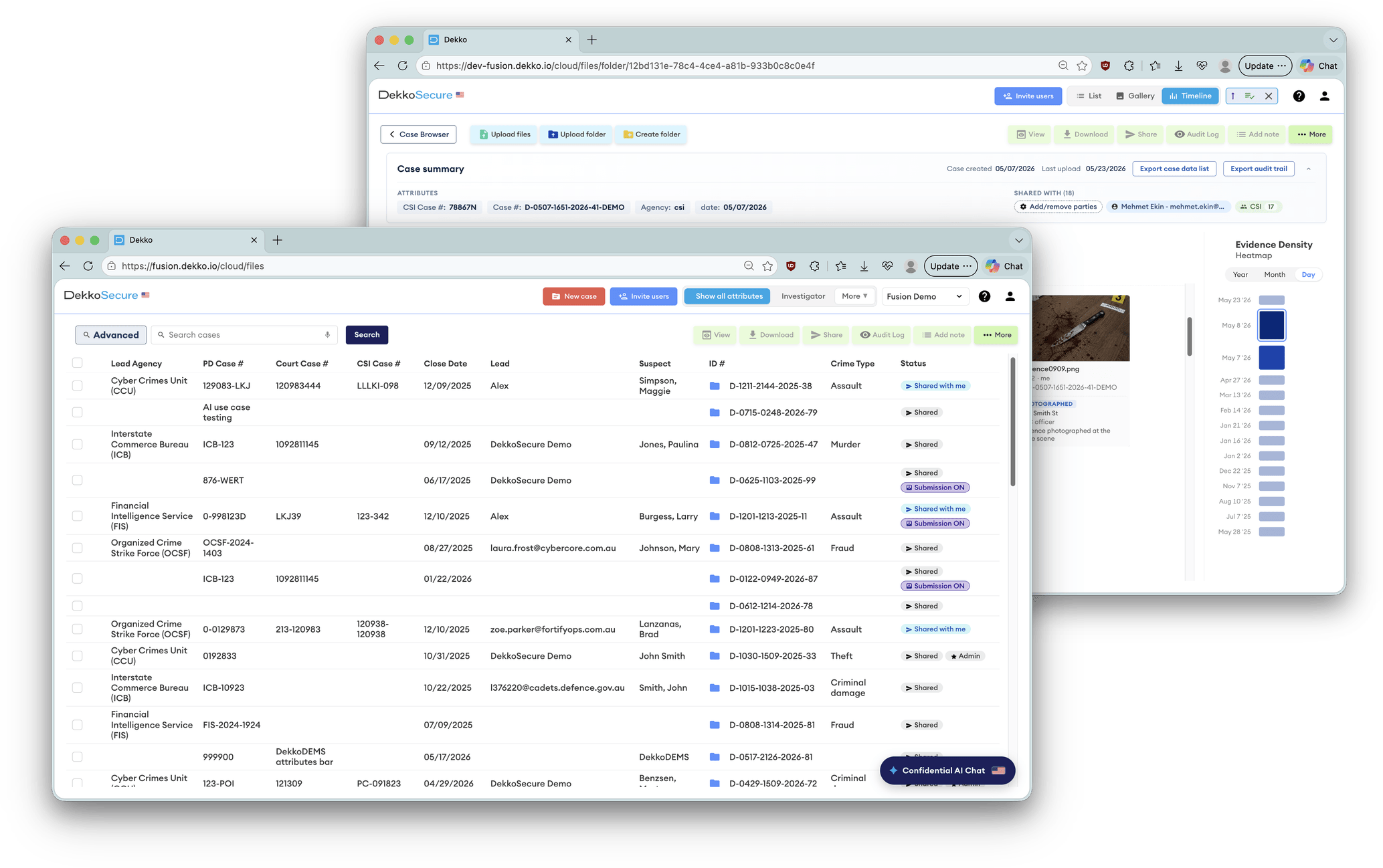 DekkoDEMS case browser with case attributes and evidence timeline