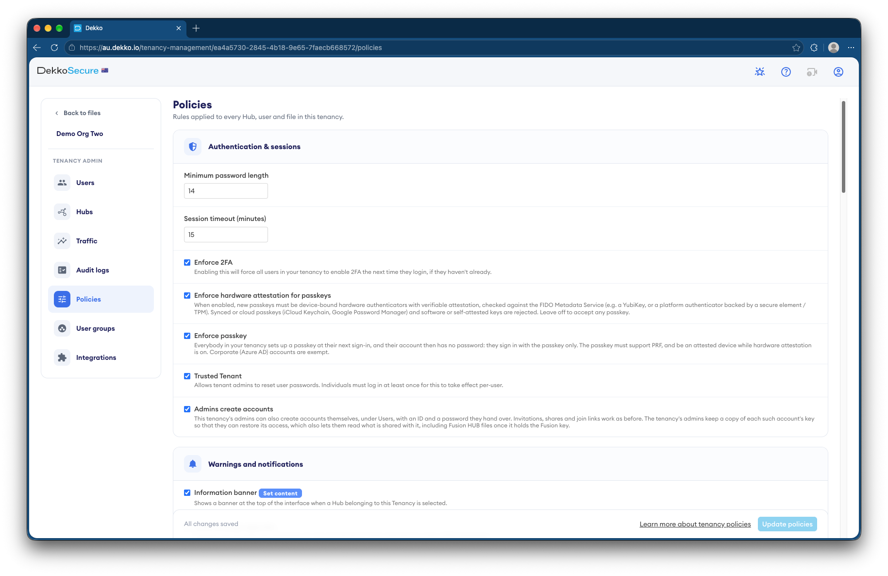 Tenancy policies for authentication and sessions